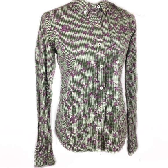 Anthropologie Tops - Anthropologie Odille Eyelet Embroidered Checkered Button Down Long Sleeve Shirt